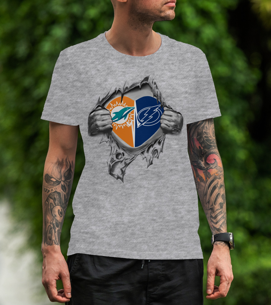 Tampa Bay Lightning Miami Dolphins Heart Symbol Unleashed T-Shirt