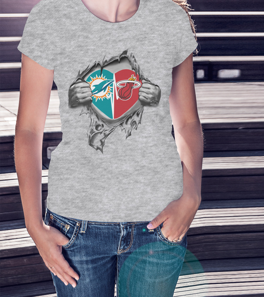 Dolphins Miami Heat Heart Emblem Fan Tribute T-Shirt