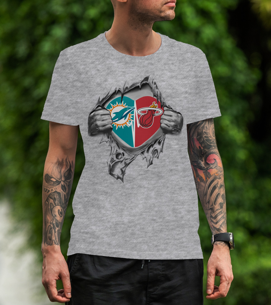 Dolphins Miami Heat Heart Emblem Fan Tribute T-Shirt