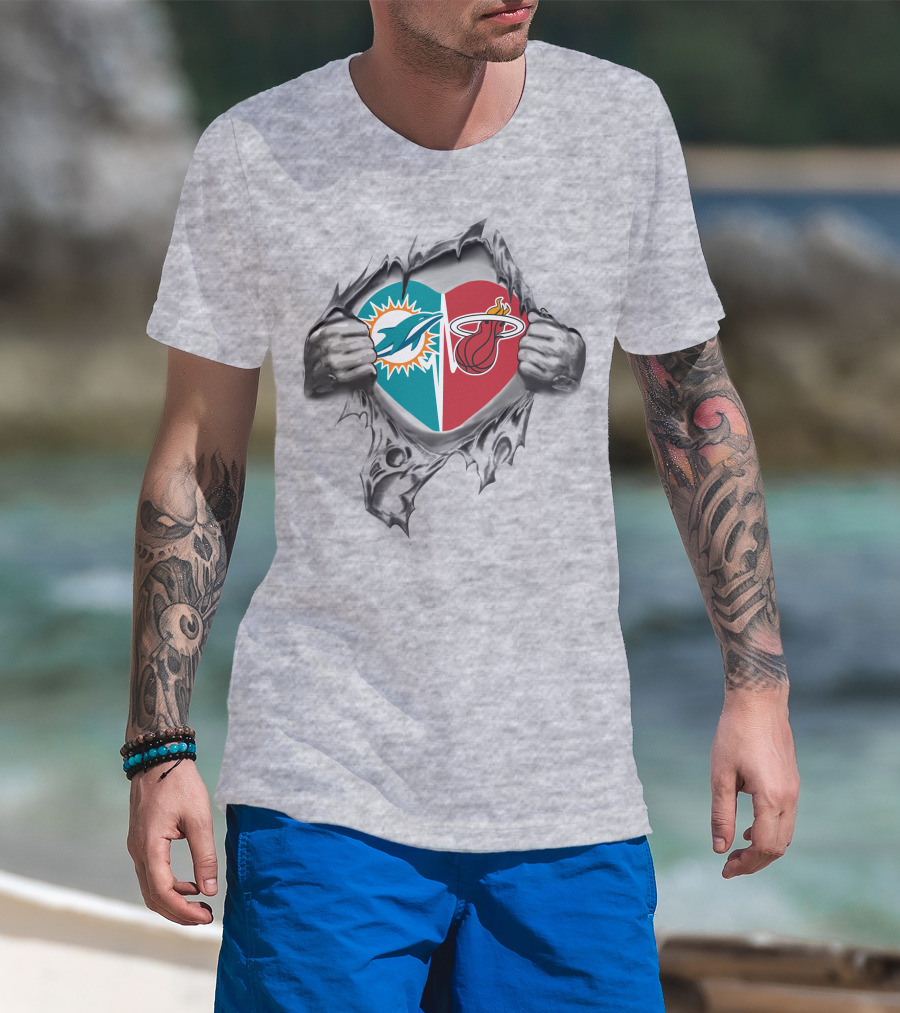 Dolphins Miami Heat Heart Emblem Fan Tribute T-Shirt
