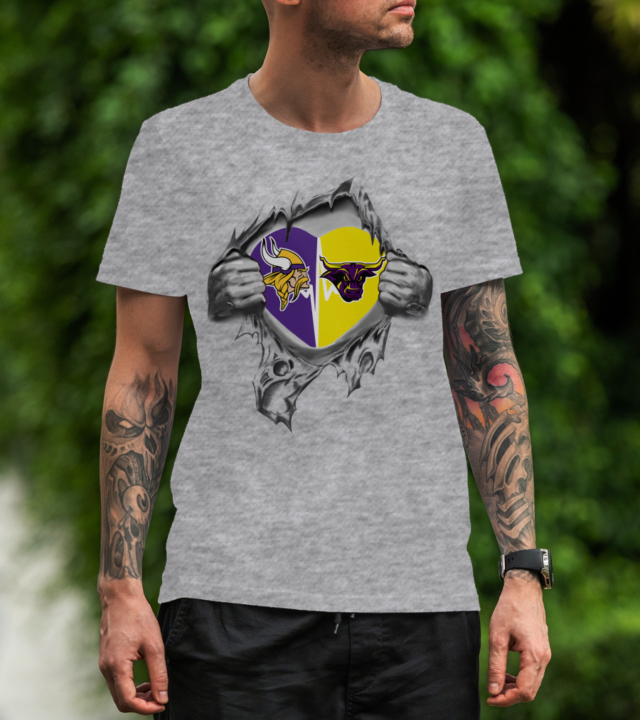 Vikings Mankato Mavericks Heart Opening Dual Logos T-Shirt