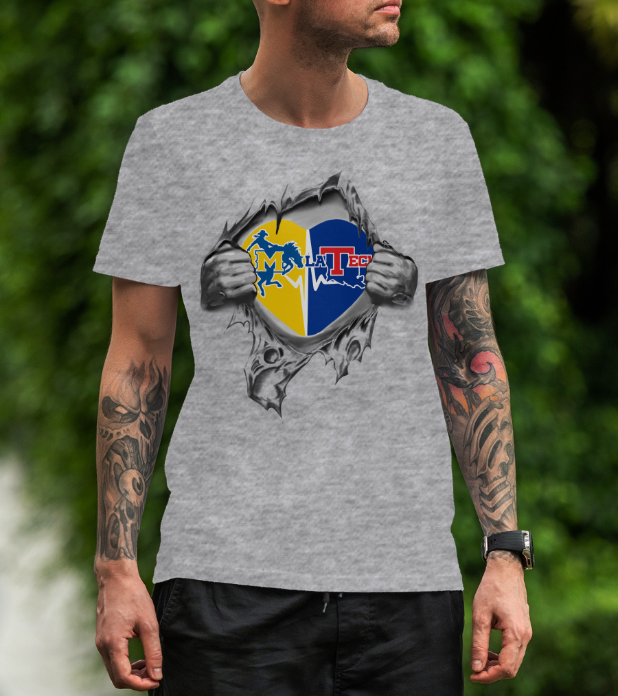 Mcneese La Tech Heart Design With Logos And Torn Effect T-Shirt