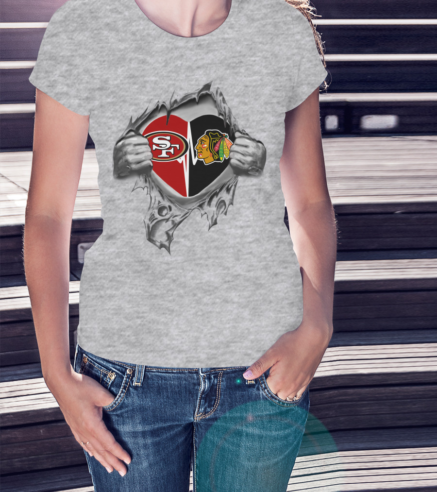 49ers Chicago Blackhawks Heart Split Logo Fan Pride T-Shirt