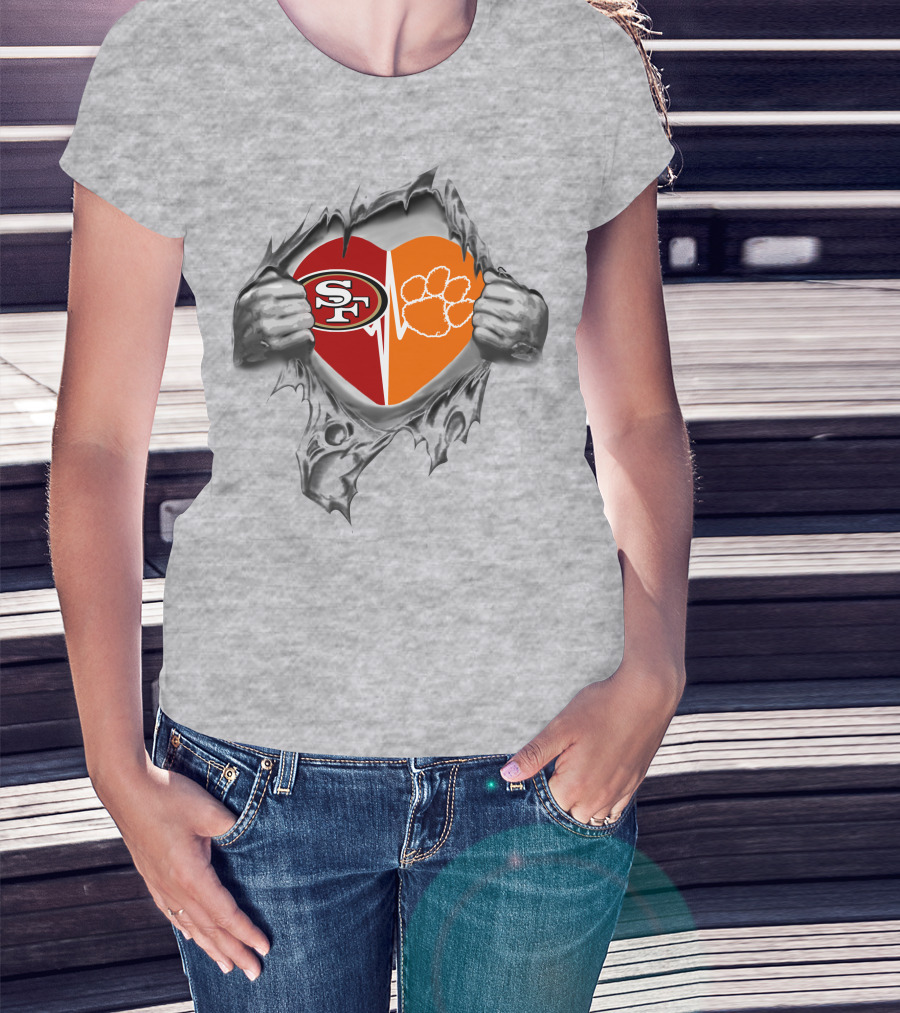 49ers Clemson Tigers Heart San Francisco Logo And Paw Print T-Shirt