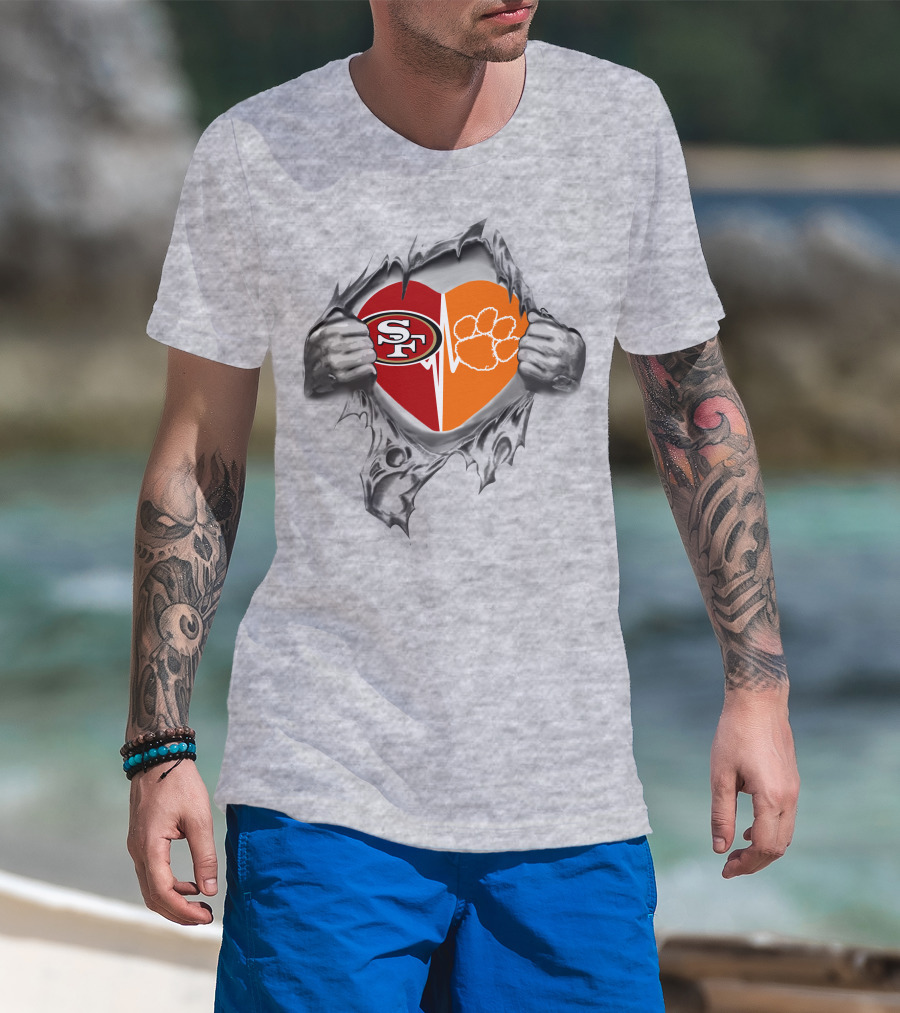 49ers Clemson Tigers Heart San Francisco Logo And Paw Print T-Shirt