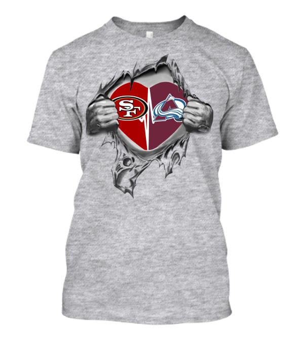 49ers Colorado Avalanche Heart Logos Torn Metal T-Shirt