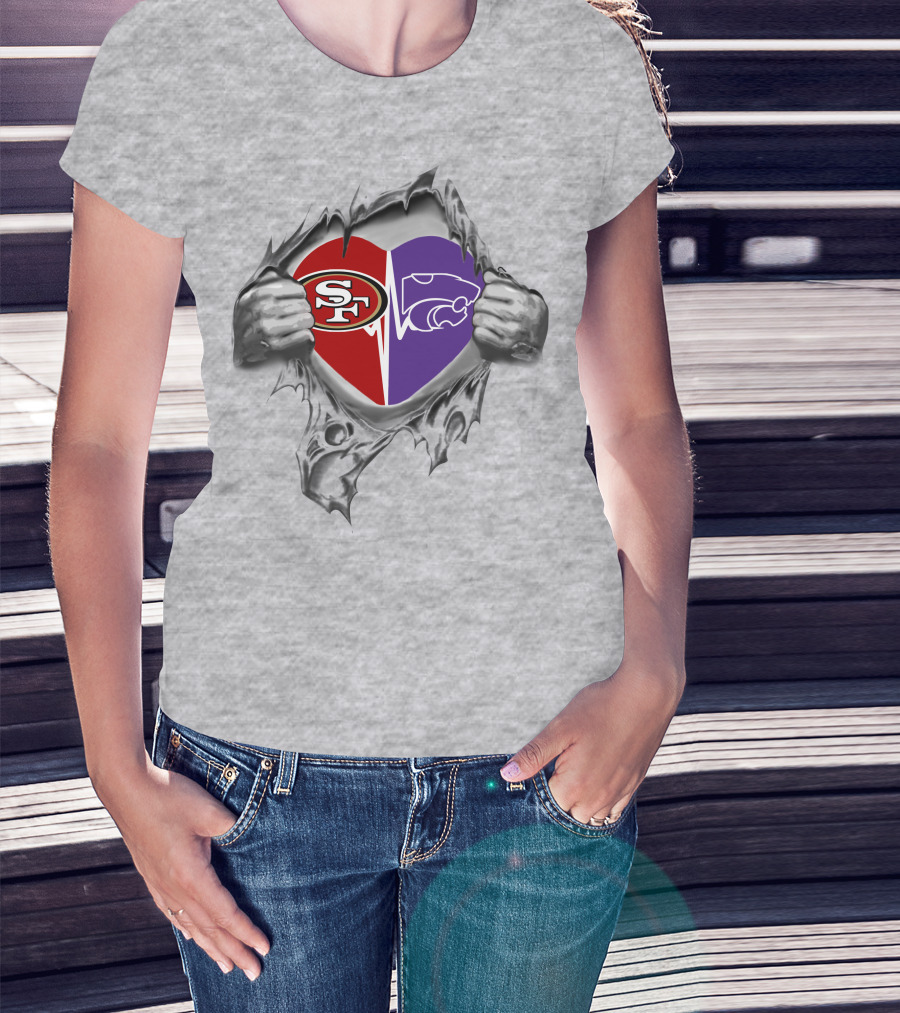 49ers Kansas State Wildcats Heart Design Featuring Split Heart With Logos T-Shirt
