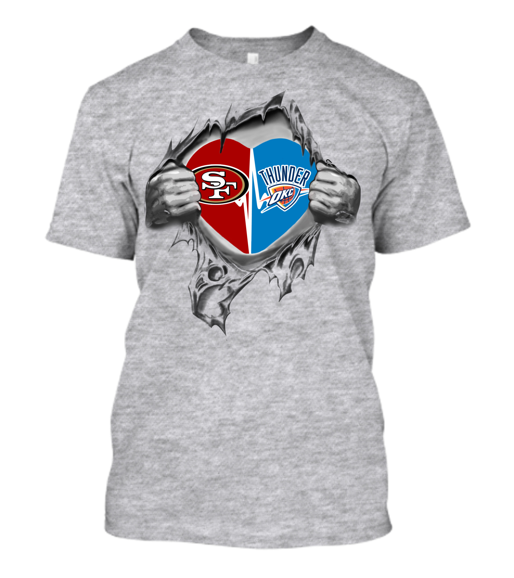 49ers Oklahoma City Thunder Heart Torn Open Logo Fusion T-Shirt