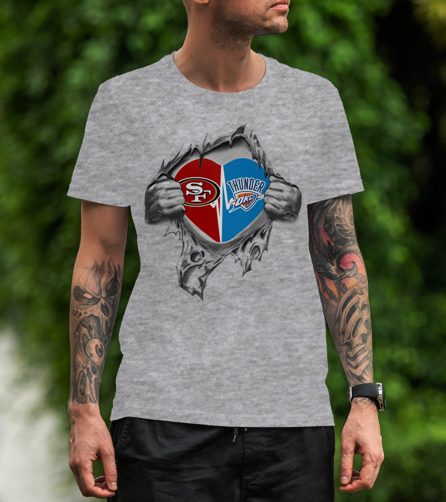 49ers Oklahoma City Thunder Heart Torn Open Logo Fusion T-Shirt