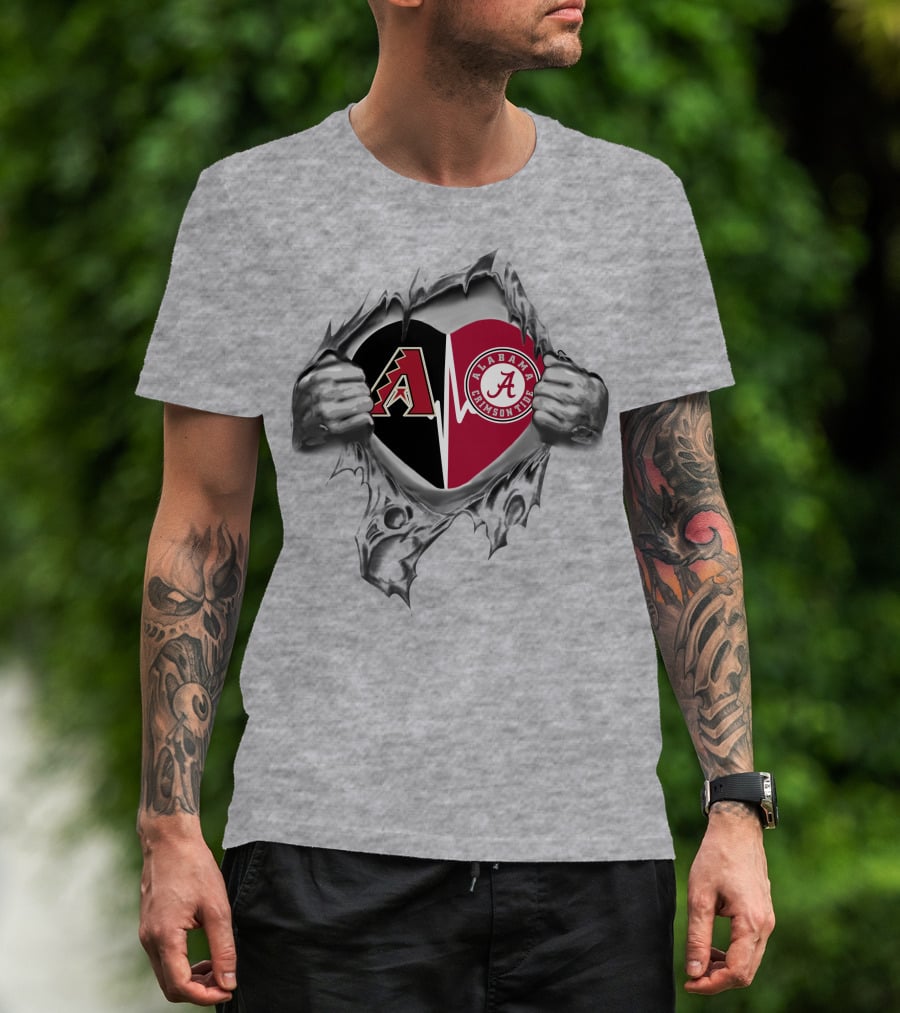 Arizona Diamondbacks Alabama Crimson Tide Heart Logos In Torn Style T-Shirt
