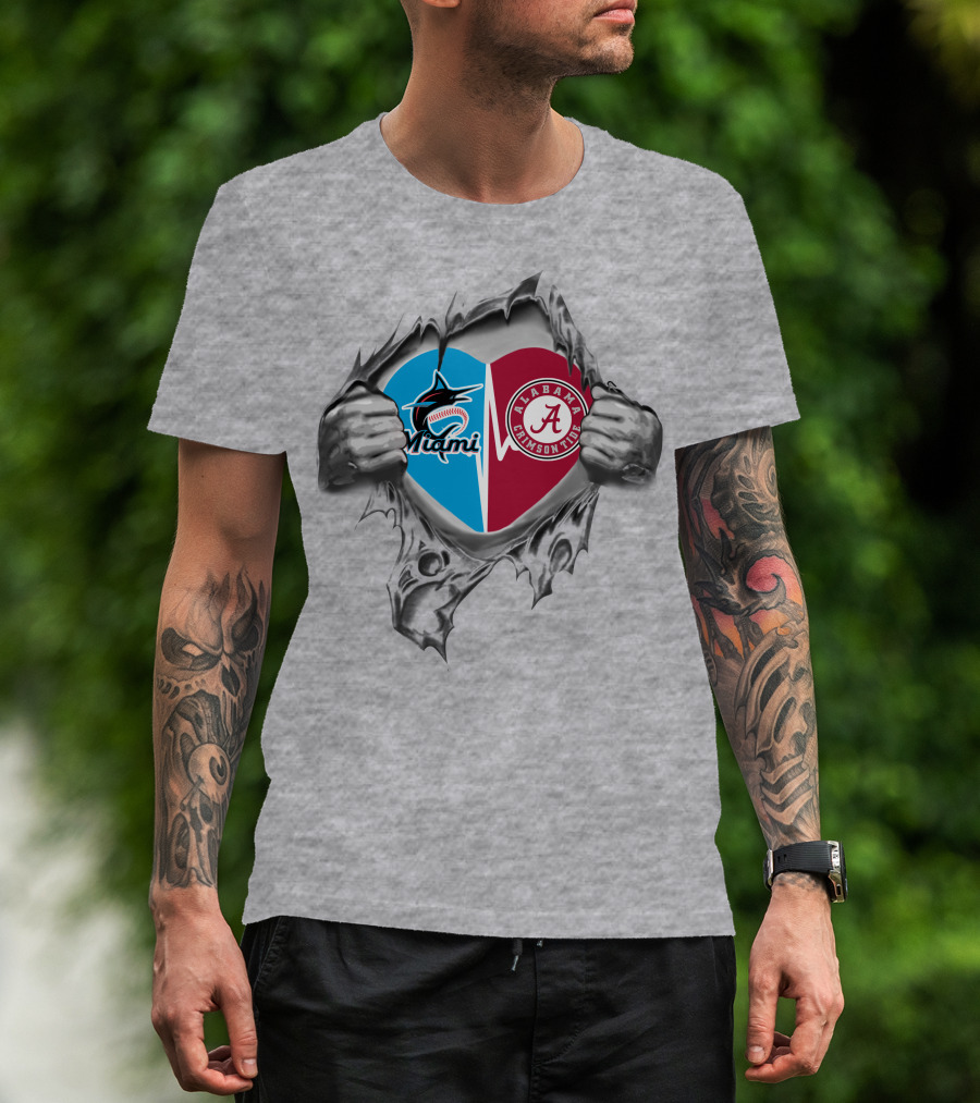 Miami Marlins Alabama Crimson Tide Heart Torn Open T-Shirt