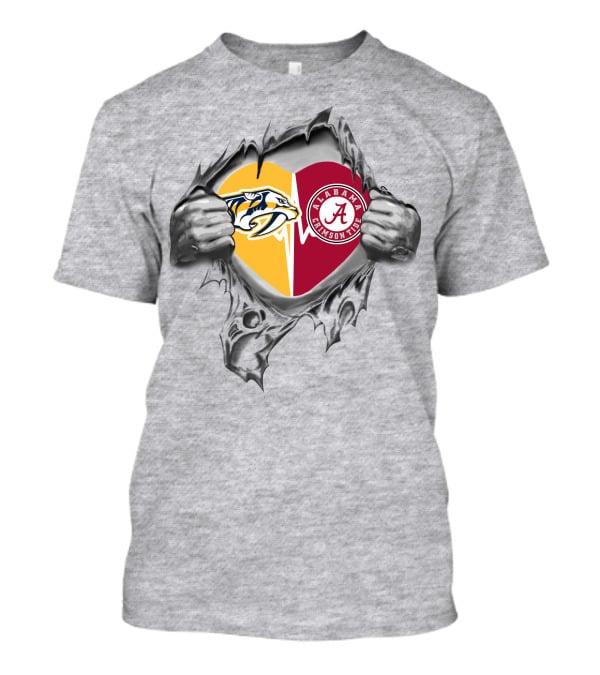 Nashville Predators Alabama Crimson Tide Heart Logo Inside Ripped T-Shirt