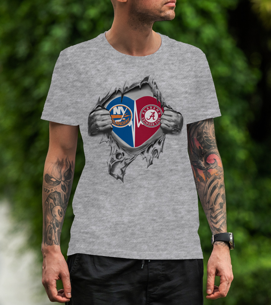 New York Islanders Alabama Crimson Tide Heart Logos Fusion T-Shirt