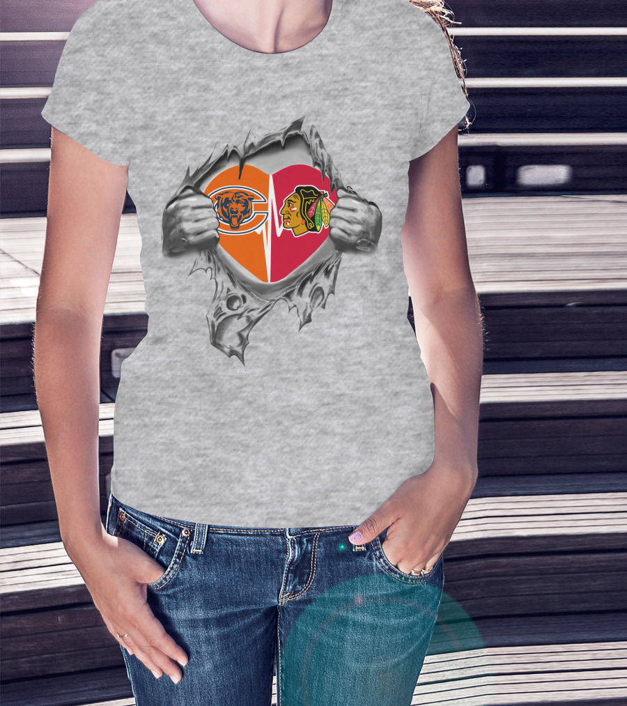 Bears Chicago Blackhawks Heart Logos Torn Chest T-Shirt