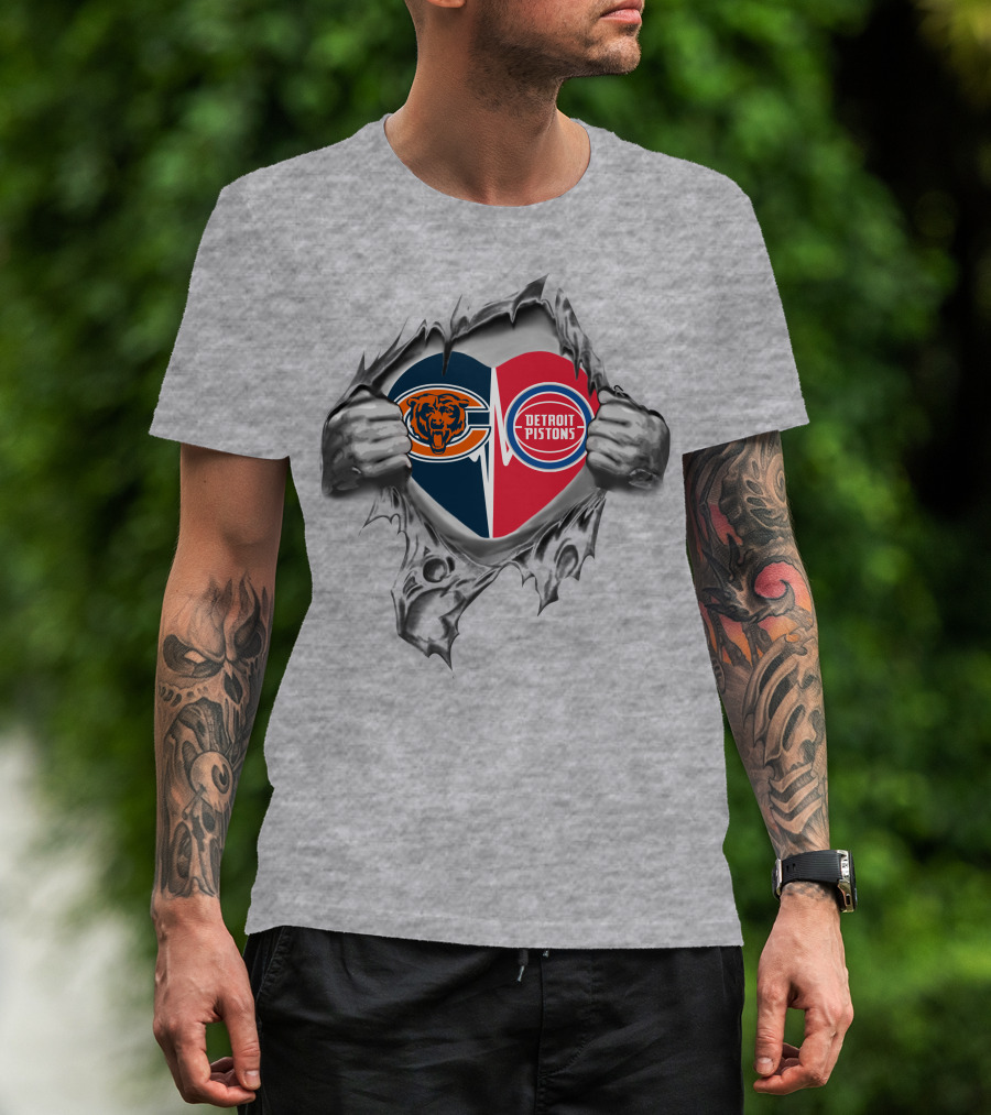 Bears Detroit Pistons Heart Split Passion Logo Fusion T-Shirt
