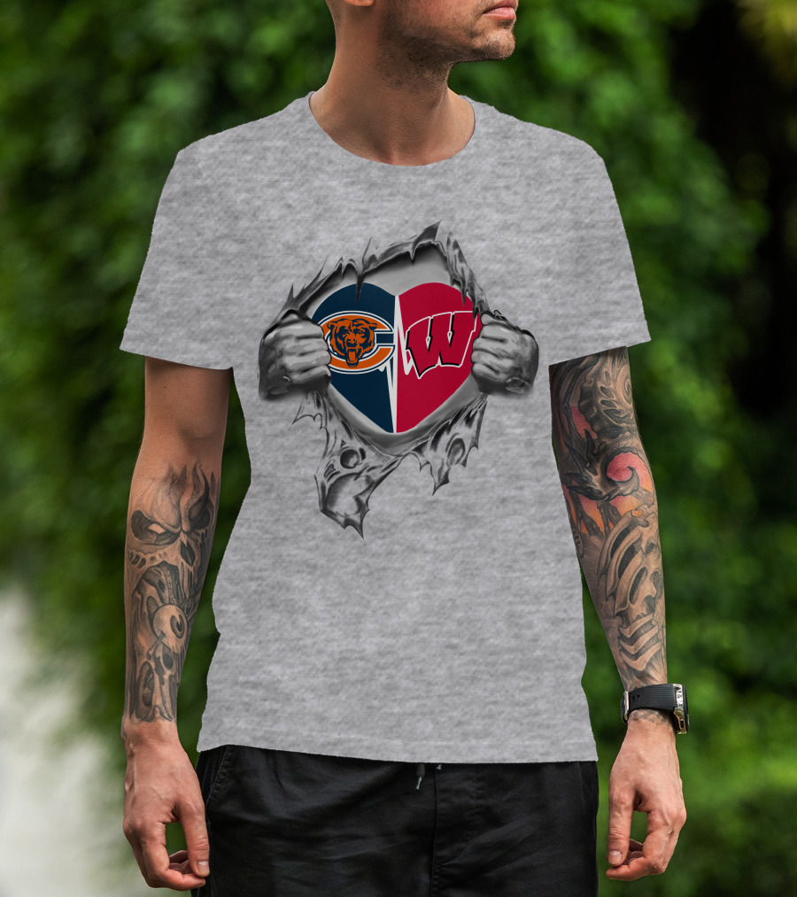 Bears And Wisconsin Badgers Heart Logo Tearing Through T-Shirt