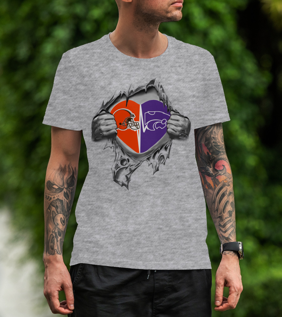 Browns Kansas State Wildcats Heart Design With Helmet And Wildcat T-Shirt