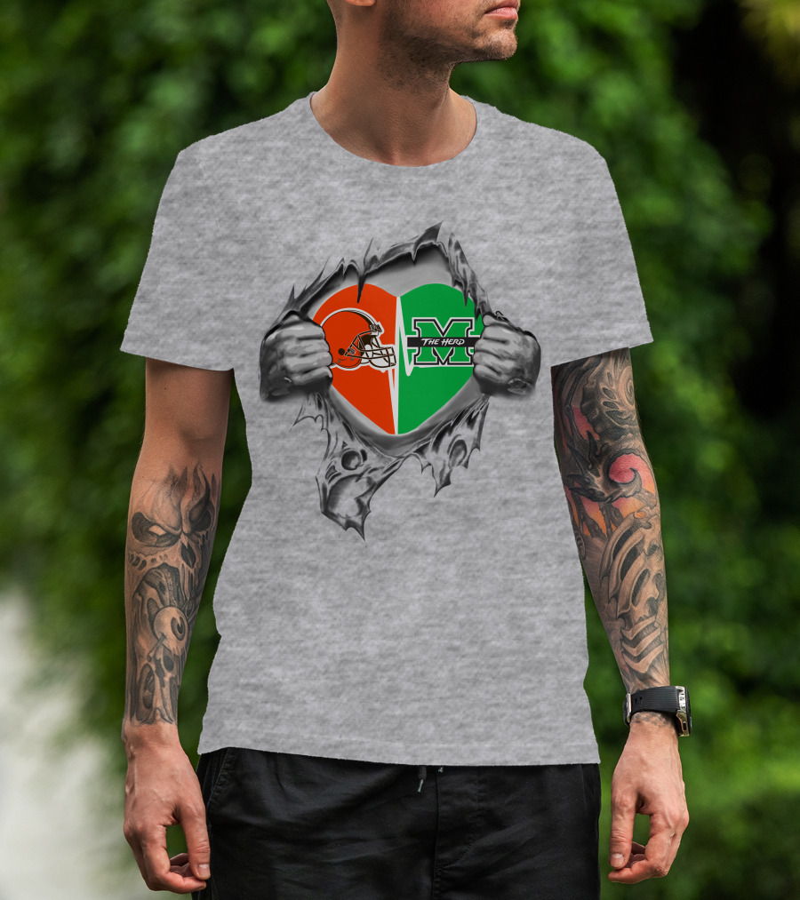 Browns Helmet And Marshall Thundering Herd Heart T-Shirt