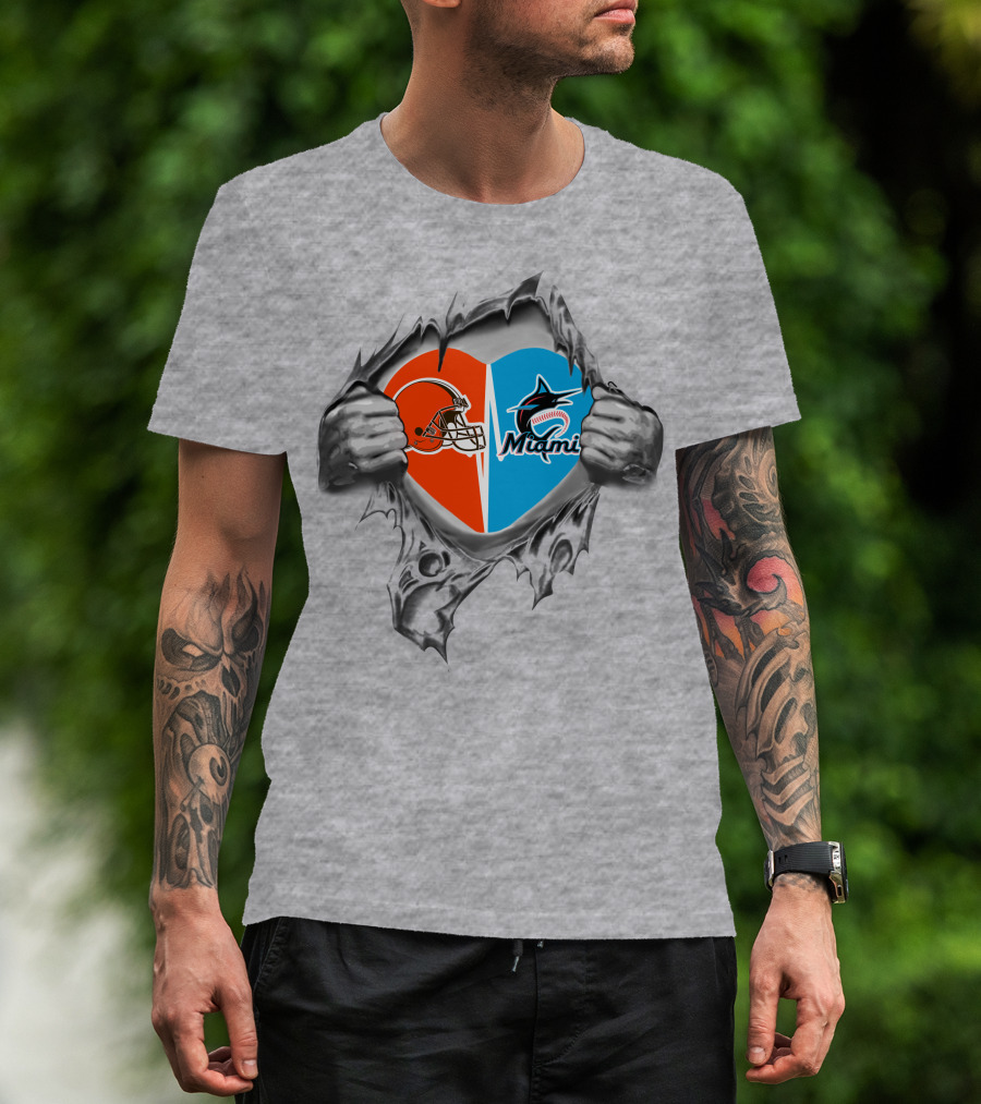 Browns Miami Marlins Heart Logo Reveal T-Shirt