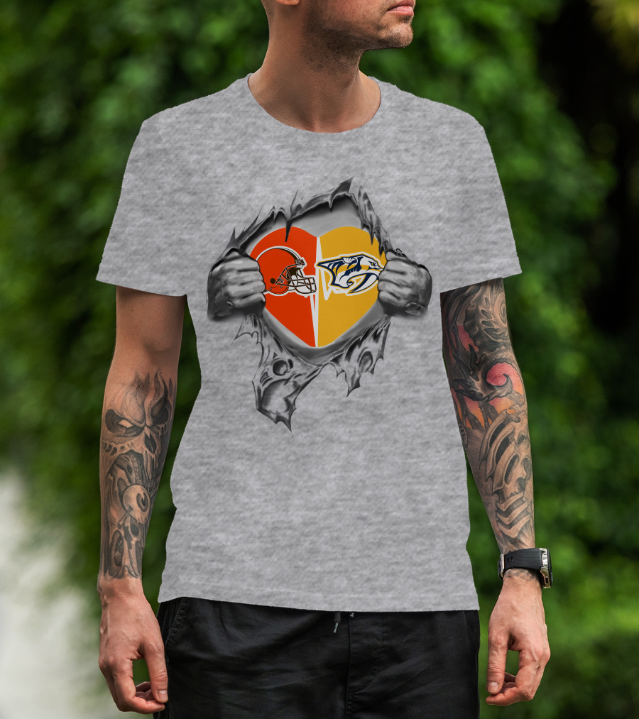 Cleveland Browns Nashville Predators Heart Logo Tearing T-Shirt