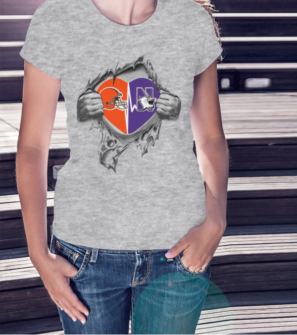 Browns Northwestern Wildcats Heart Design With Helmet And Mascot Logos T-Shirt