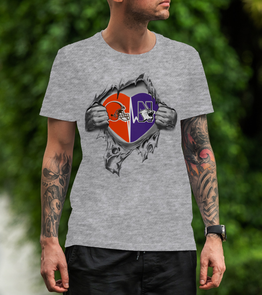 Browns Northwestern Wildcats Heart Design With Helmet And Mascot Logos T-Shirt