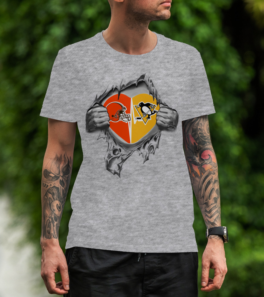 Browns Pittsburgh Penguins Heart Split T-Shirt
