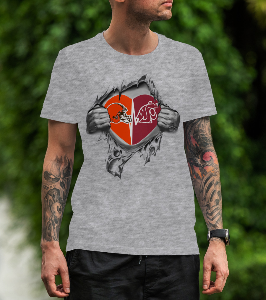 Browns And Washington State Cougars Heart Logo Ripped T-Shirt