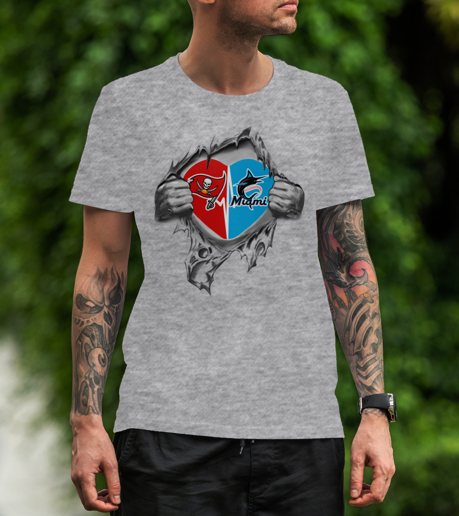 Buccaneers And Miami Marlins Heart Rip T-Shirt