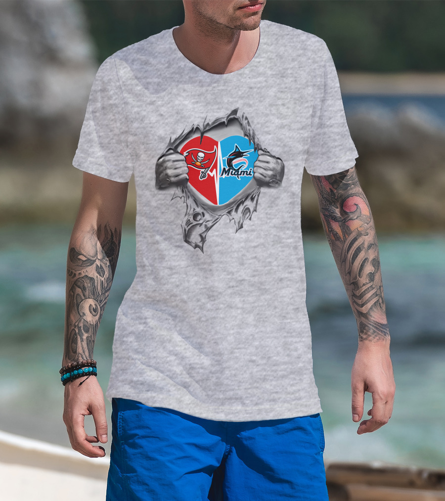 Buccaneers And Miami Marlins Heart Rip T-Shirt