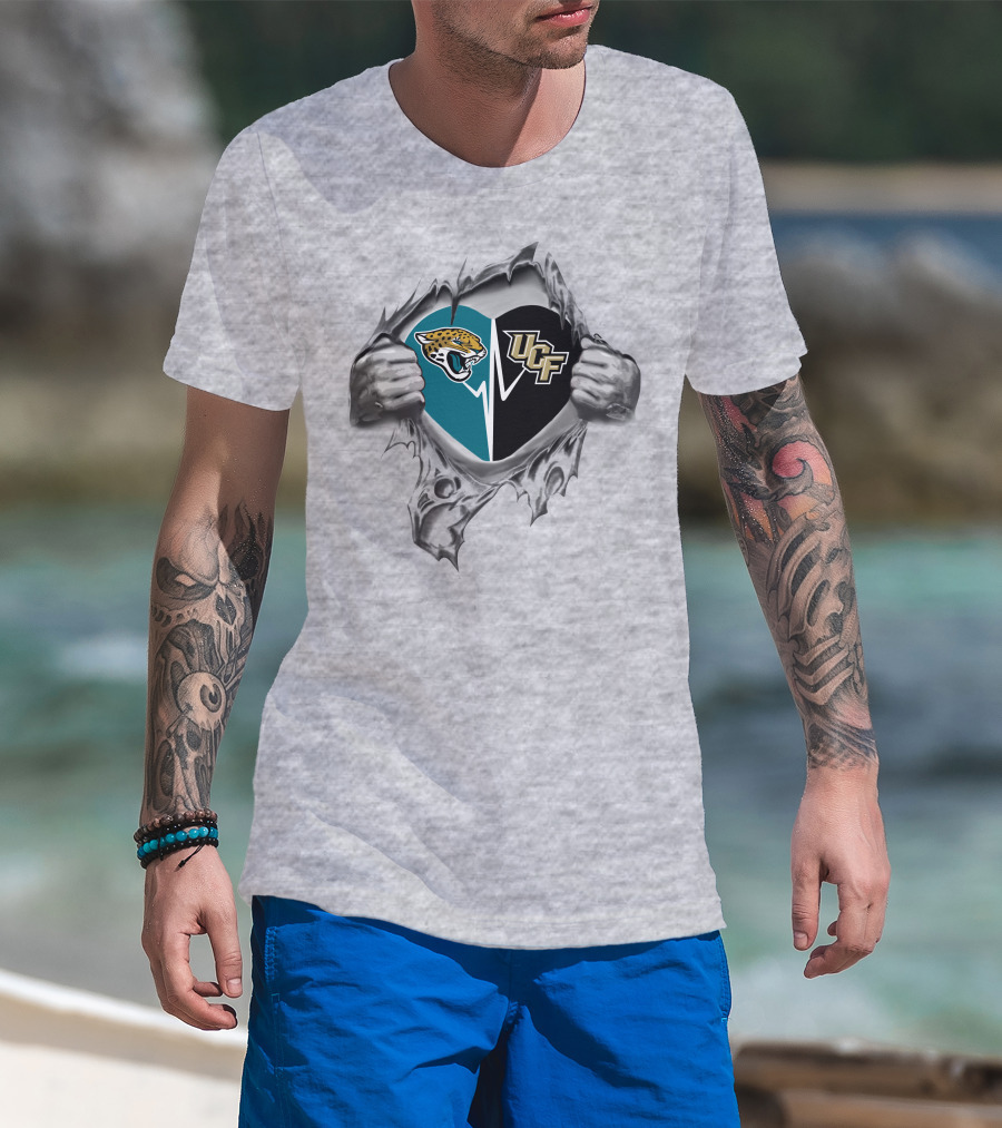 Jacksonville Jaguars Ucf Knights Heart Design Busting Through T-Shirt