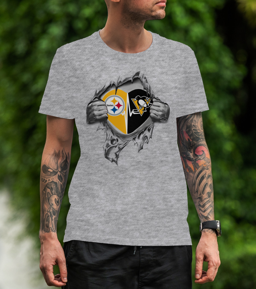 Steelers Penguins Heart With Team Logos And Tearaway Effect T-Shirt