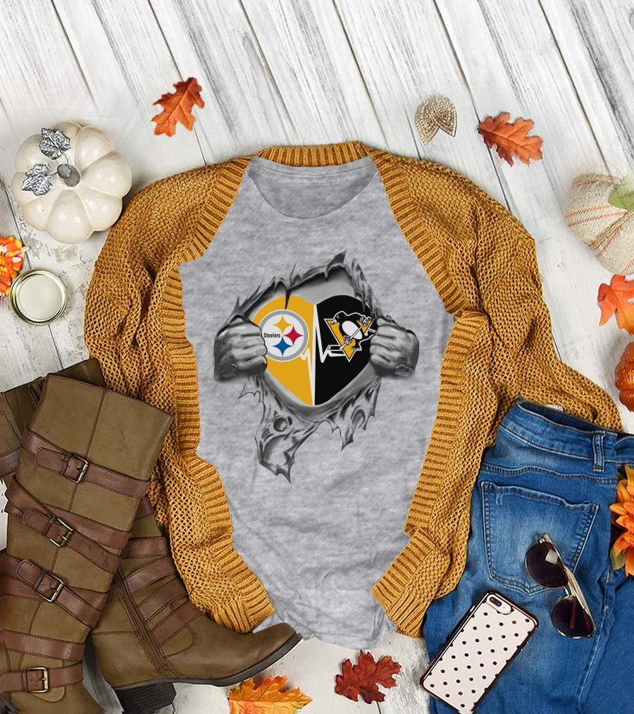 Steelers Penguins Heart With Team Logos And Tearaway Effect T-Shirt