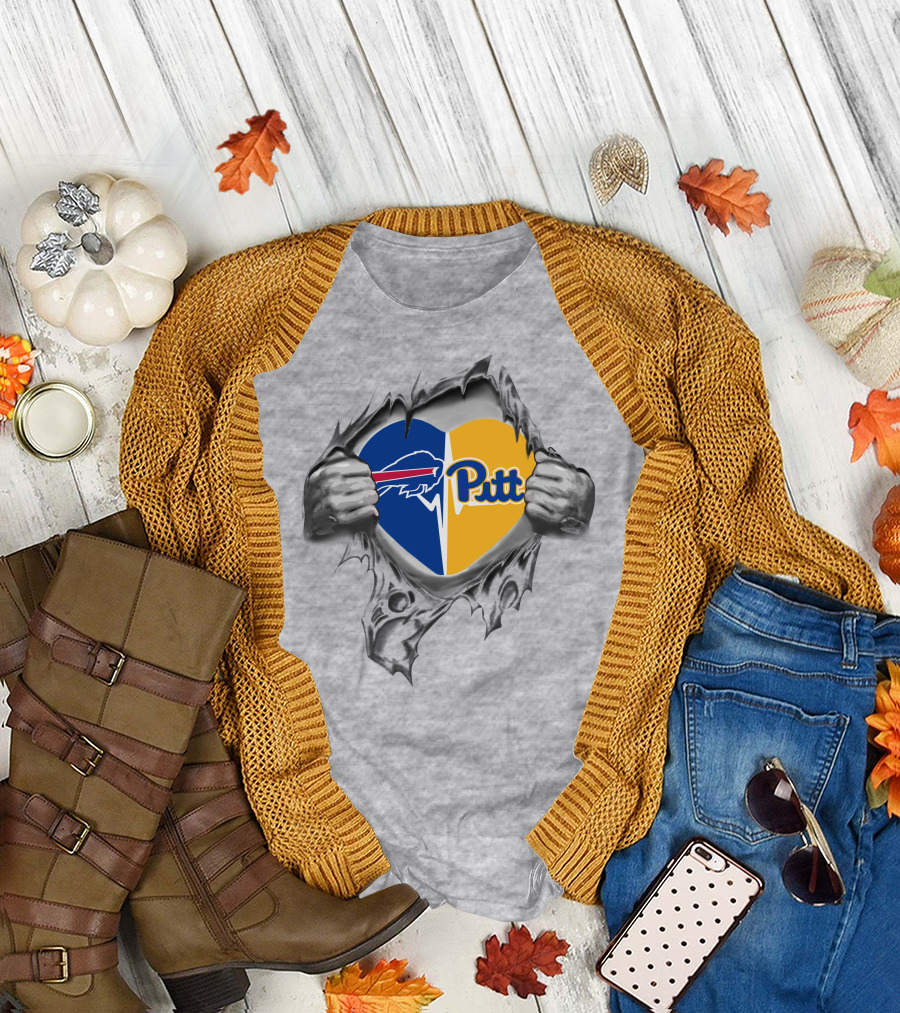 Bills And Pittsburgh Panthers Heart Logo Tear T-Shirt