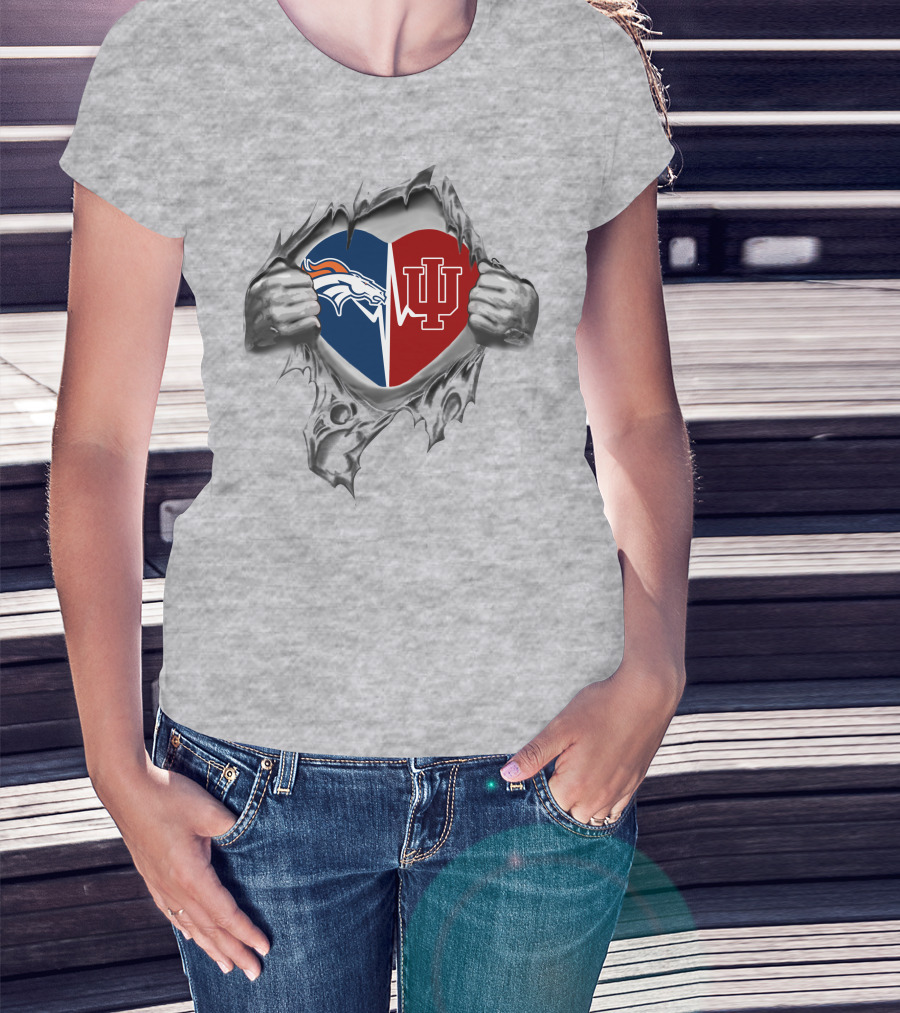 Broncos Indiana Hoosiers Heart Design Featuring Split Logo With Hands T-Shirt