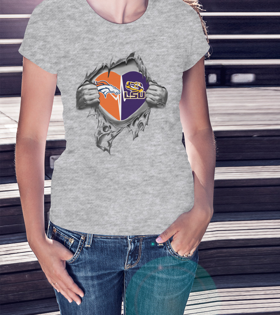 Broncos Lsu Tigers Heart Design With Ripped T-Shirt