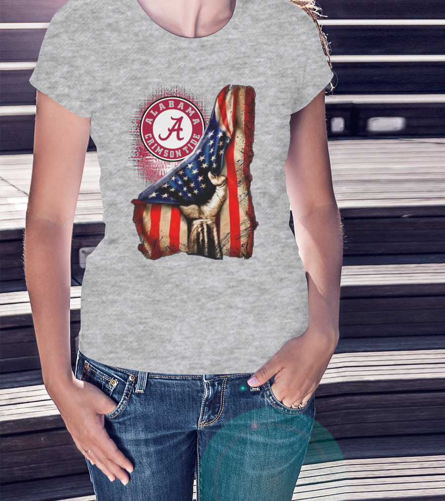 Alabama Crimson Tide American Flag Fist Outline T-Shirt