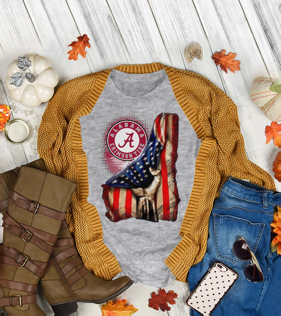 Alabama Crimson Tide American Flag Fist Outline T-Shirt