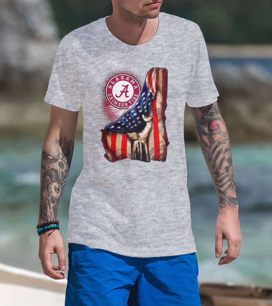 Alabama Crimson Tide American Flag Fist Outline T-Shirt