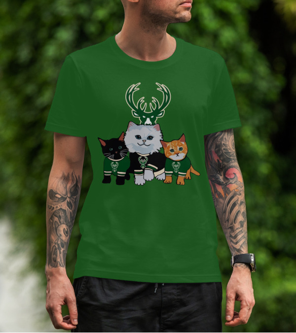 Milwaukee Bucks Cats Trio With Team Logos And Deer Antlers T-Shirt