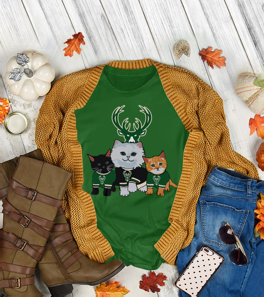 Milwaukee Bucks Cats Trio with Team Logos and Deer Antlers T-Shirt