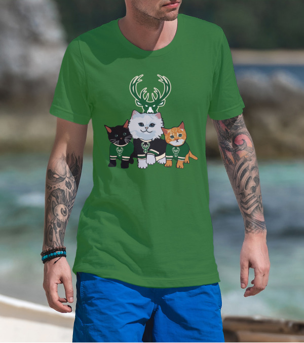 Milwaukee Bucks Cats Trio With Team Logos And Deer Antlers T-Shirt