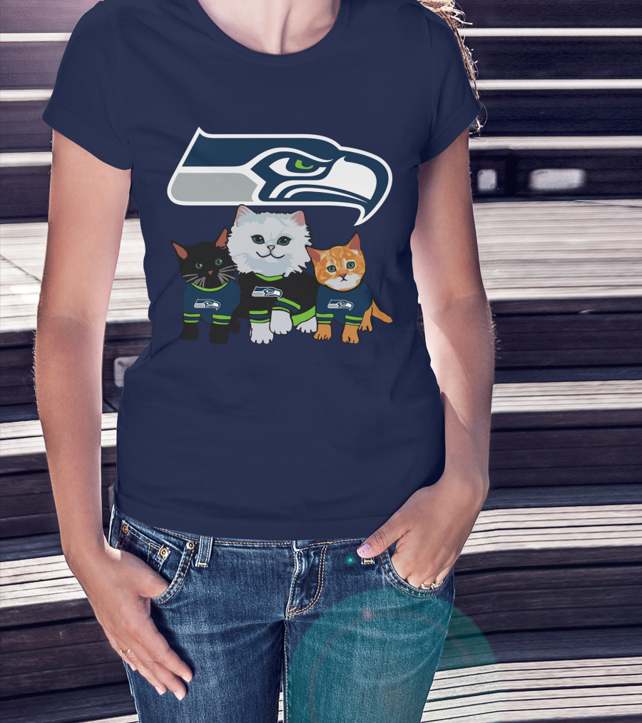 Seattle Seahawks Logo With Cats In Team Jerseys T-Shirt
