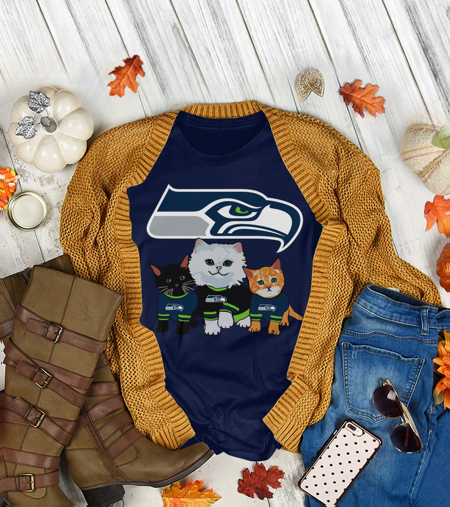 Seattle Seahawks Logo With Cats In Team Jerseys T-Shirt