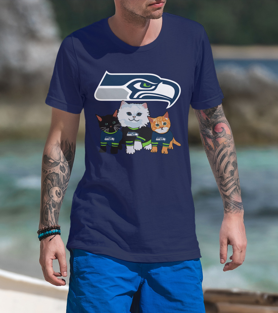 Seattle Seahawks Logo With Cats In Team Jerseys T-Shirt