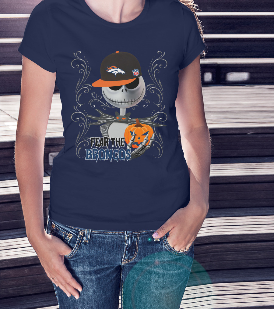 Fear The Broncos Halloween Skeleton With Denver Broncos Cap And Pumpkin T-Shirt