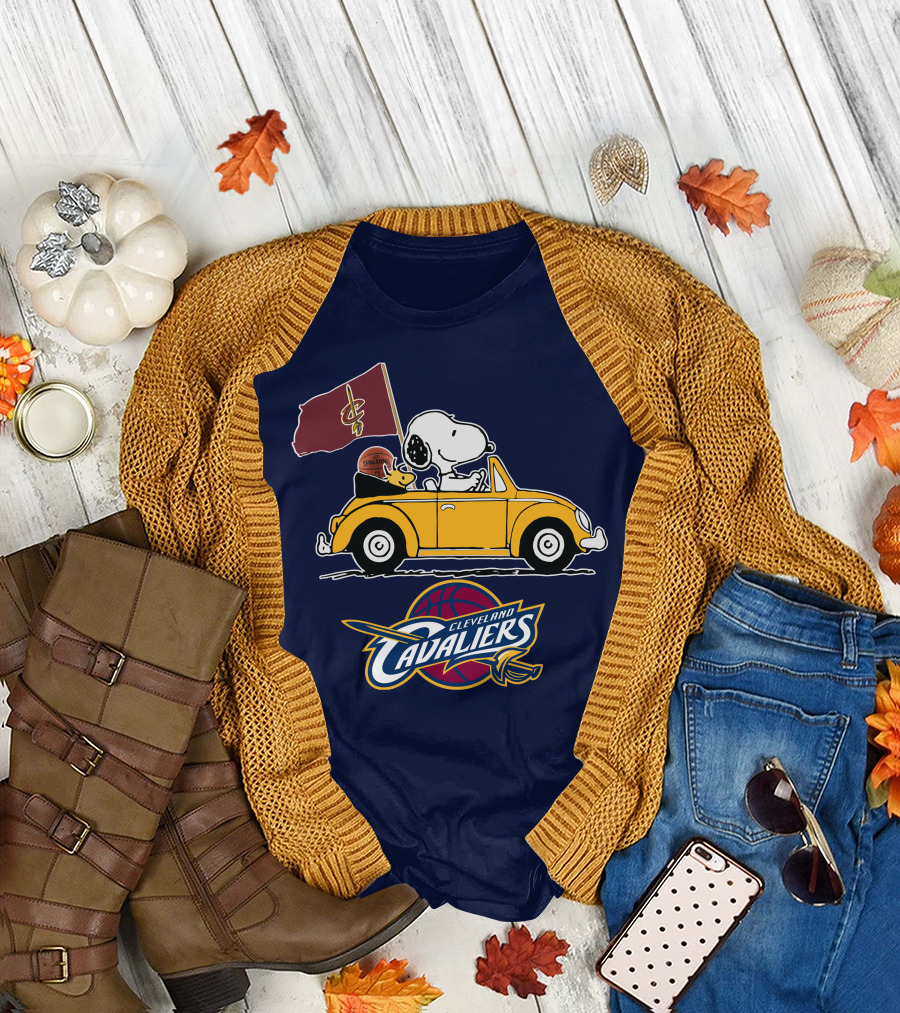 Cleveland Cavaliers Snoopy and Woodstock Driving with Basketball T-Shirt