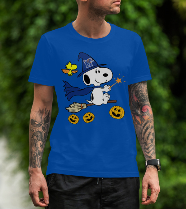Snoopy And Woodstock Flying Witch With Memphis Tigers Hat And Happy Halloween Pumpkins T-Shirt