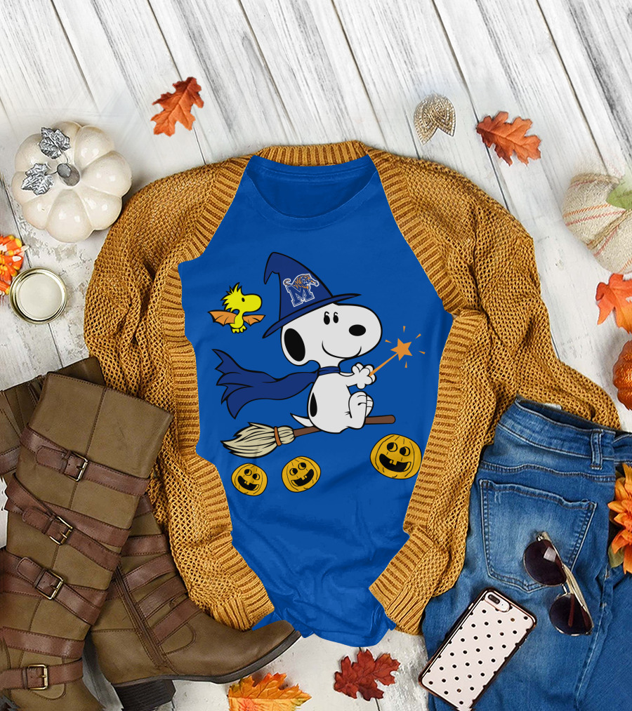 Snoopy and Woodstock Flying Witch with Memphis Tigers Hat and Happy Halloween Pumpkins T-Shirt