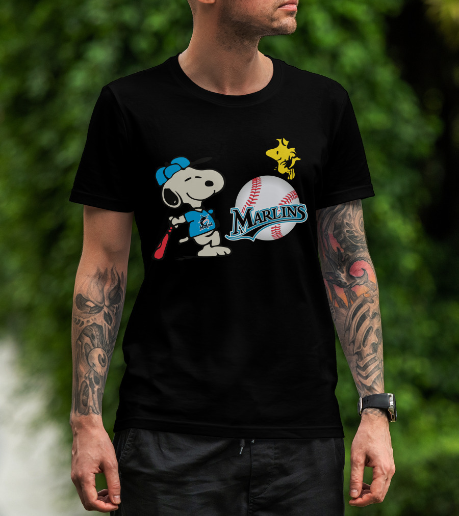 Miami Marlins Snoopy Baseball Woodstock Cartoon T-Shirt